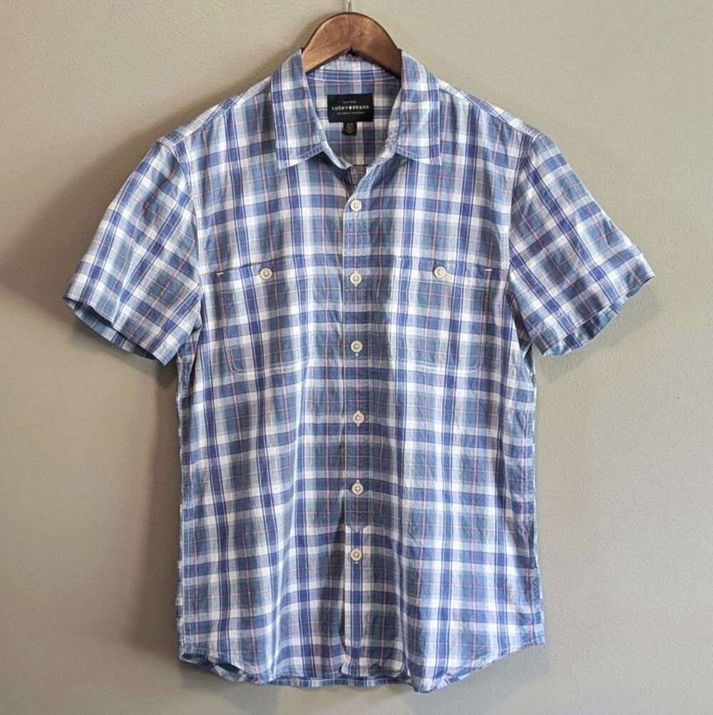 Lucky Brand Mens Small Blue Plaid Check Shirt Short Sleeve Cotton Button Down S